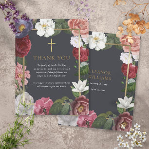 Trauer-Dankeskarten mit goldenem Kreuz und Blumenm Mitteilungskarte