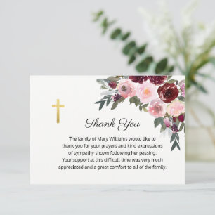 Trauer religiöse Gedenk Burgunder Florales Kreuz Dankeskarte
