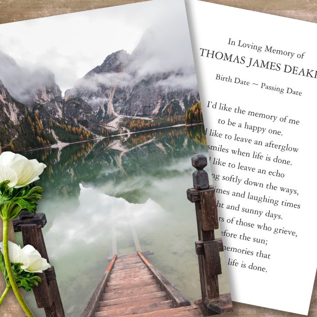 Trauerdenkmal Gebetsgebet Sympathiekarten Visitenkarte (snowy mountains, lake, celebration of life, in loving memory of, prayer cards for bereavement)