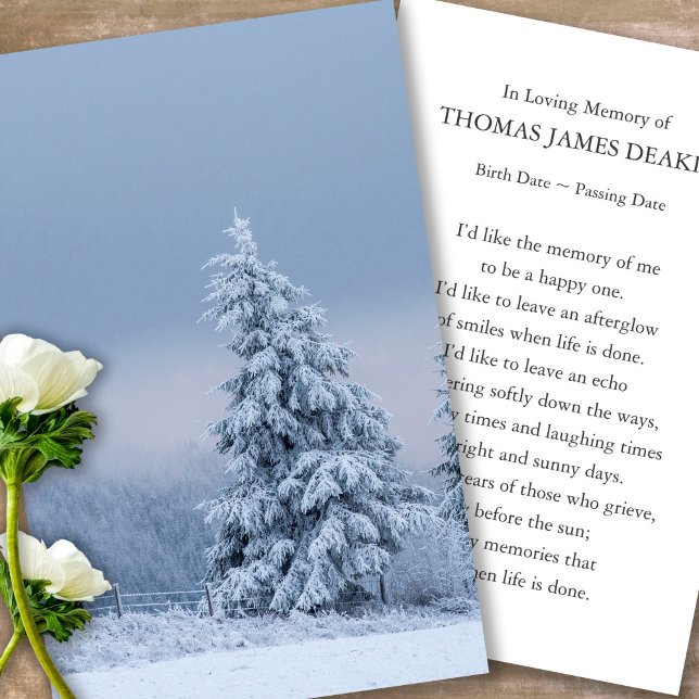 Trauerdenkmäler Schneegebet Sympathiekarten Visitenkarte (forest, trees, snow, celebration of life, in loving memory of, prayer cards for bereavement)