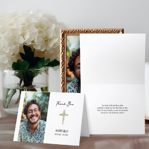 Trauerkarte mit Foto und Grünkreuz-Portrait, klein Dankeskarte