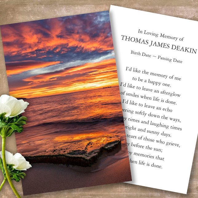Trauerloss Sonnenaufgang Gebet Sympathiekarten Visitenkarte (sunset, sunrise, beach, celebration of life, in loving memory of, prayer cards for bereavement)