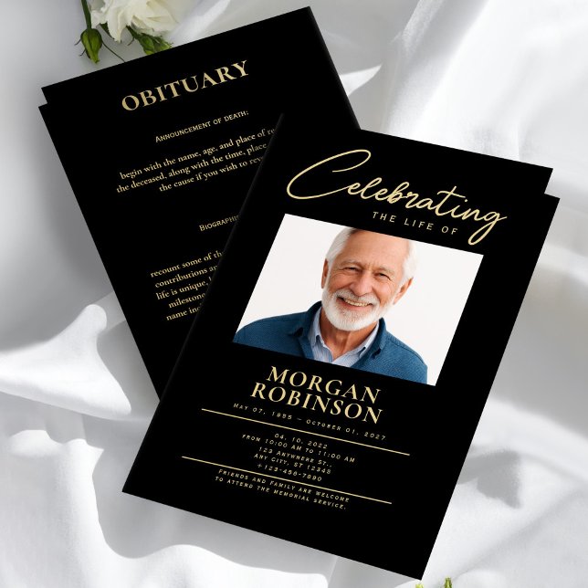 Trauerprogramm, Feier des Lebens, Schwarz & Gold Flyer (Funeral Program, Celebration of Life, Black & Gold Flyer)