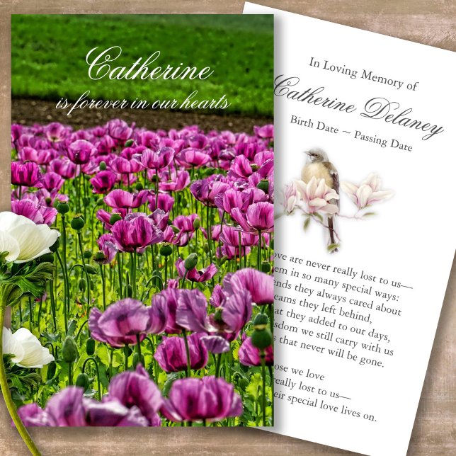 Trauerverlust Lila Mohngebet Sympathiekarten Visitenkarte (Forever in our hearts, celebration of life, in loving memory of, prayer cards for bereavement)