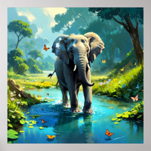 Traum Elefant mit Schmetterlingen im Fluss Poster
