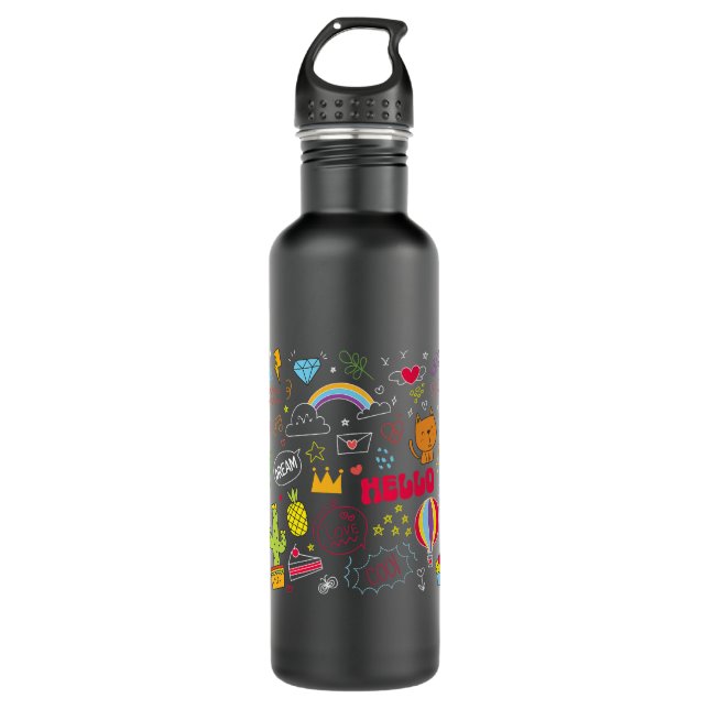 Traum Liebe Hallo Visuell Zeichnend Doodle Art Edelstahlflasche (Vorderseite)