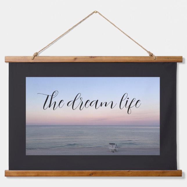 Traum Life Quote Rosa Blue Beach Ocean Wandteppich Mit Holzrahmen (Vorne)