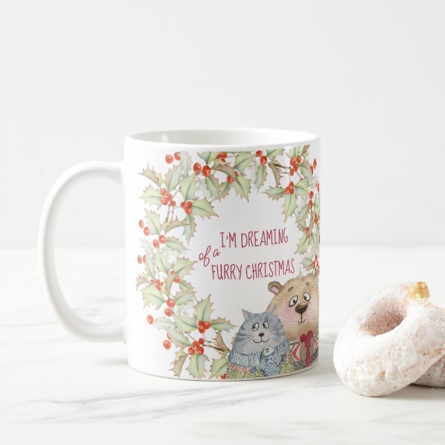 Träumen von einem Furry Christmas Cat Hund und Hol Kaffeetasse (Mit Donut)