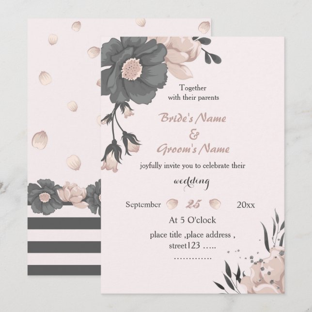 Träumend rosa dunkelgraue Blume Hochzeit Einladung (Vorne/Hinten)