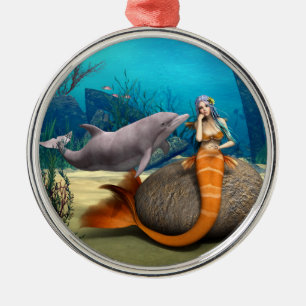 Träumende Meerjungfrau Delfin Unterwasser Fantasy Ornament Aus Metall