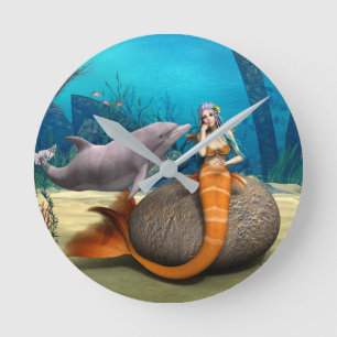 Träumende Meerjungfrau Delfin Unterwasser Fantasy Runde Wanduhr