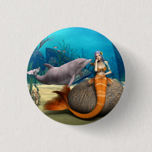 Träumende Meerjungfrau Delphin Unterwasser Fantasy Button