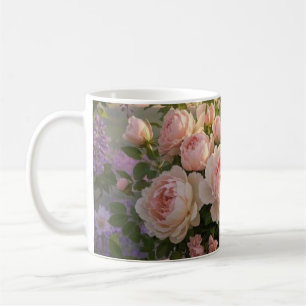 Träumende, sanfte Szene einer üppigen, floralen Kaffeetasse