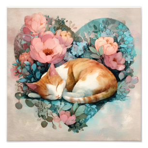Träumende schlafende Ingwerkatze Florale Wasserfar Fotodruck