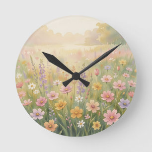 Träumende Wildblumenwiese Wasserfarbe Pastell Flor Runde Wanduhr