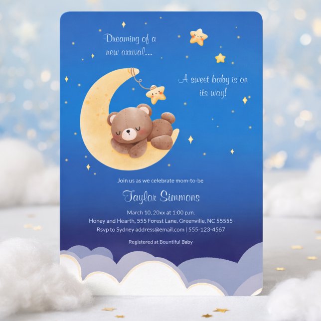 Träumender neuer Ankunft Teddybär Mond Einladung (Von Creator hochgeladen)