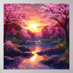 🌸 Träumender rosa Blütenbaum Sonnenuntergang See  Poster