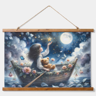 Träumendes Mädchen rudert Boot Mondlicht-Fantasie- Wandteppich Mit Holzrahmen