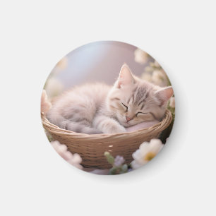 Träumendes Schlafendes Kätzchen Blumenkorb Magnet