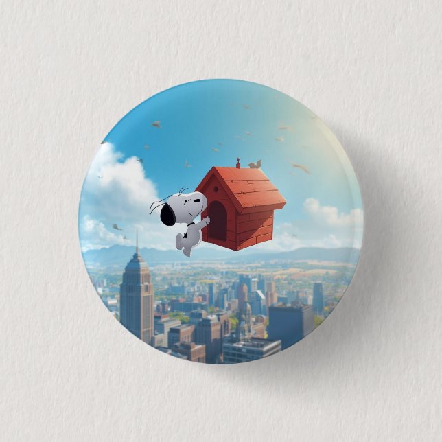 Träumerische Beagle-Schwimmende-Stadt-Comic-Illust Button (Vorderseite)
