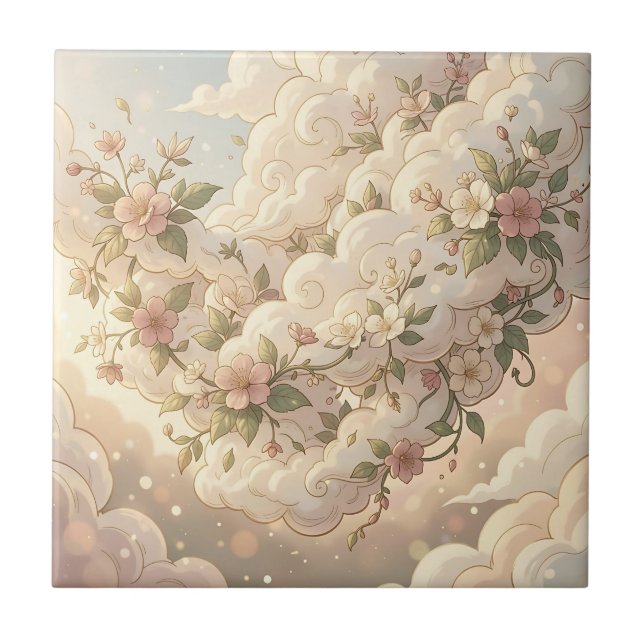 Träumerische florale Wolken Kirschblüte  Fliese (Vorderseite)