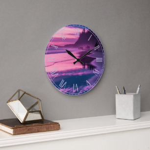 Träumerische lila rosa Sonnenuntergangsstrand-Ozea Große Wanduhr
