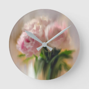 Träumerische rosa Pfingstrosen in weißer Vase Runde Wanduhr
