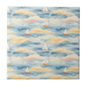 Träumerische Segelboote Ozean Aquarellmuster (2) Fliese