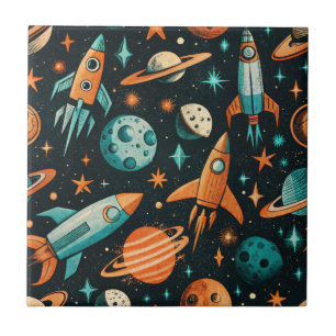 Träumerische Spacecore-Planeten Türkis Orange Kosm Fliese