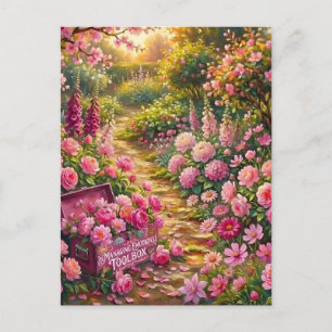 Träumerischer rosa Blumengartenweg-Malerei Postkarte