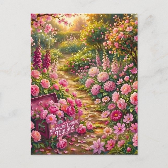Träumerischer rosa Blumengartenweg-Malerei Postkarte (Vorderseite)