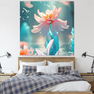 Träumerischer Rosa Lotus und Schmetterling in Aqua Leinwanddruck