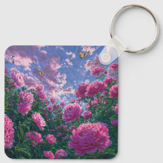 Träumerischer rosa Pfingstrosengarten und Schmette Schlüsselanhänger