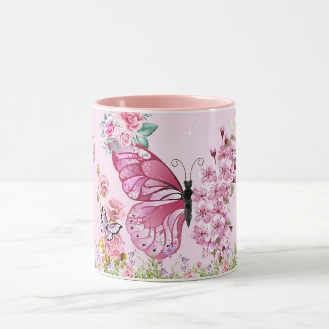 Träumerischer rosa Schmetterlingsbecher – Blumiges Tasse (Zentrum)