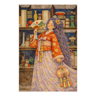 Träumerisches koreanisches Hanbok-Mädchen mit Fäch Poster