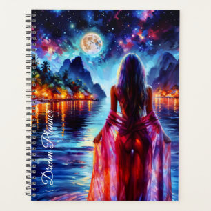 Träumerisches Mädchen am Ozeanstrand mit Mond und Planer
