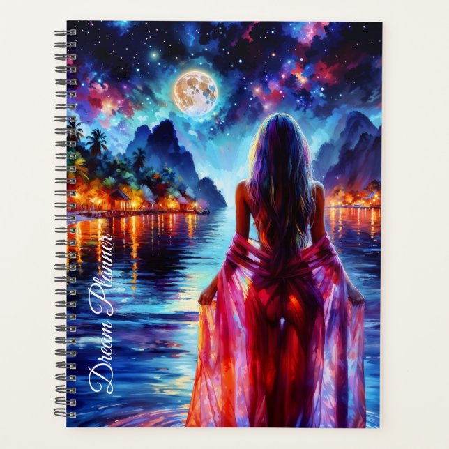 Träumerisches Mädchen am Ozeanstrand mit Mond und  Planer (Vorderseite)