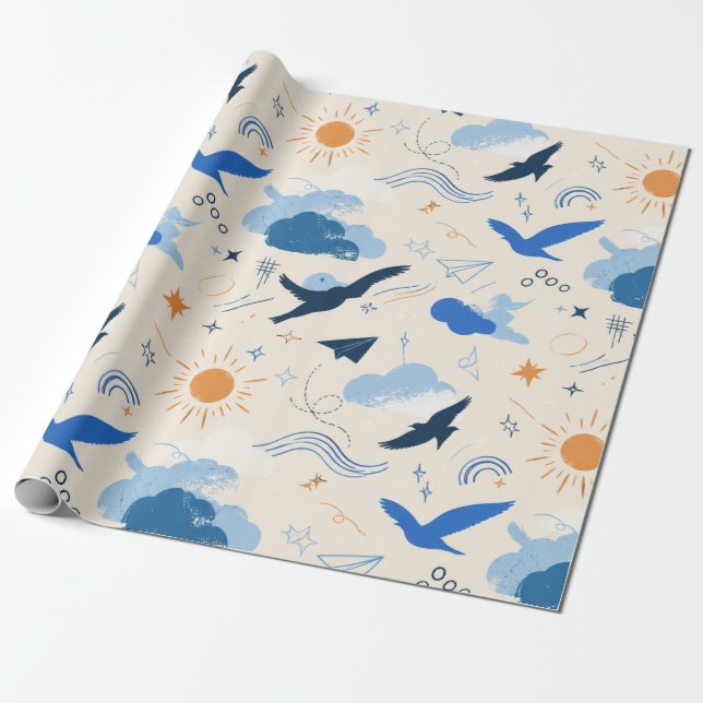 Träumervögel und Wolken Geschenkpapier (Ungerollt)