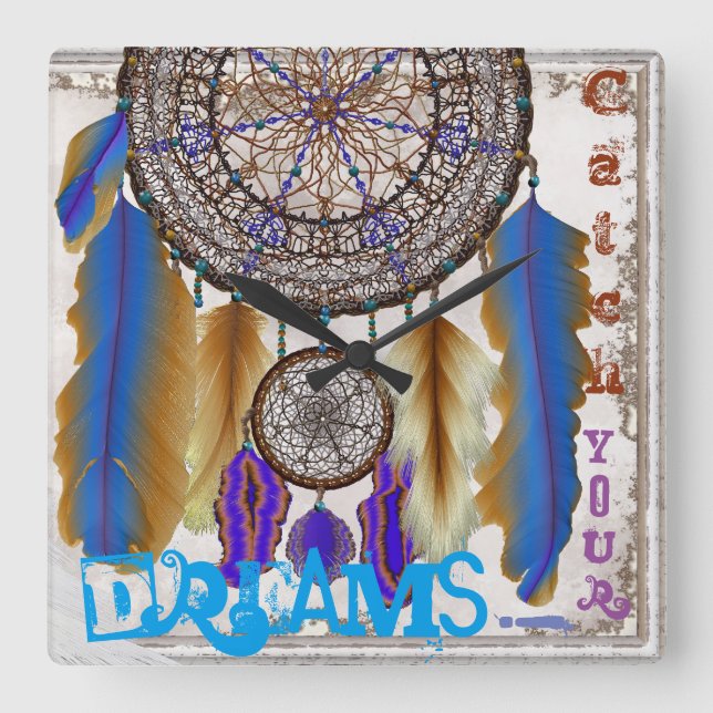 Traumfänger mit magischen Vogelfedern Quadratische Wanduhr (Vorderseite)