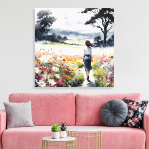 Traumfeld – Aquarell-Frau auf einer Wildblumenwies Leinwanddruck