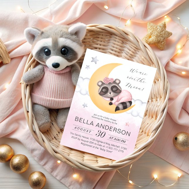 Traumhaft über der Mond Raccoon Girl Baby Dusche Einladung (Dreamy Over the Moon Raccoon Girl Baby Shower Invitation)