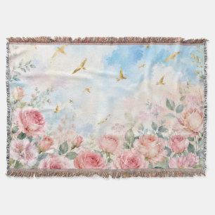 Traumhafte Aquarellrosen und goldene Vögel Florale Decke
