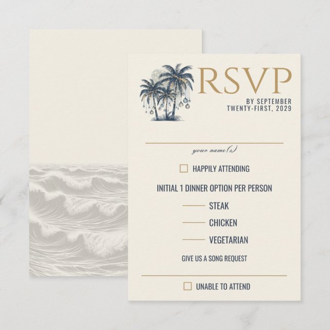 Traumhafte blaue Palmen - Speisen RSVP Karte (Vorne/Hinten)