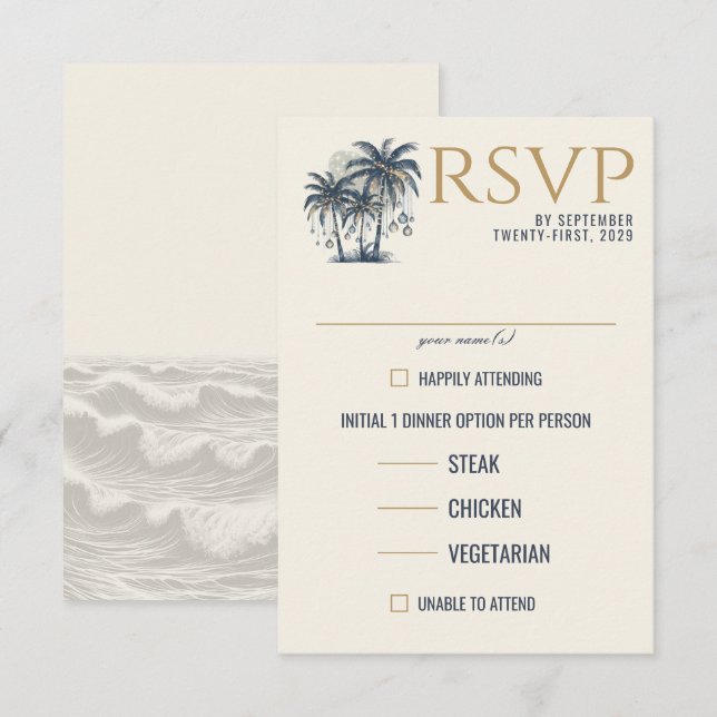 Traumhafte blaue Palmen - Speisen RSVP Karte (Vorne/Hinten)