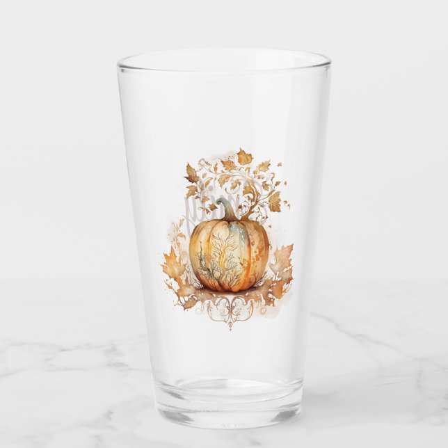 Traumhafte Dekoration mit Kürbis und Blätter Glas (Vorderseite)