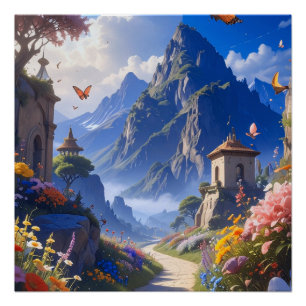 Traumhafte Fantasy-Landschaftsteppich – Berge & Bl Poster
