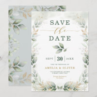 Traumhafte Grün-Gold-Eukalyptus-Save-the-Date-Kart