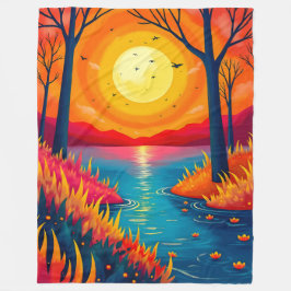 Traumhafte lebendige Sonnenuntergangs-Waldsee-Illu Fleecedecke