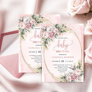 Traumhafte Rosen-Gold-Blumen-Grün-Girl-Baby-Party Einladung