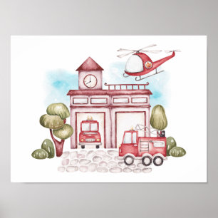 Traumhafte Wasserfarbe Kinder Feuerwehr Poster